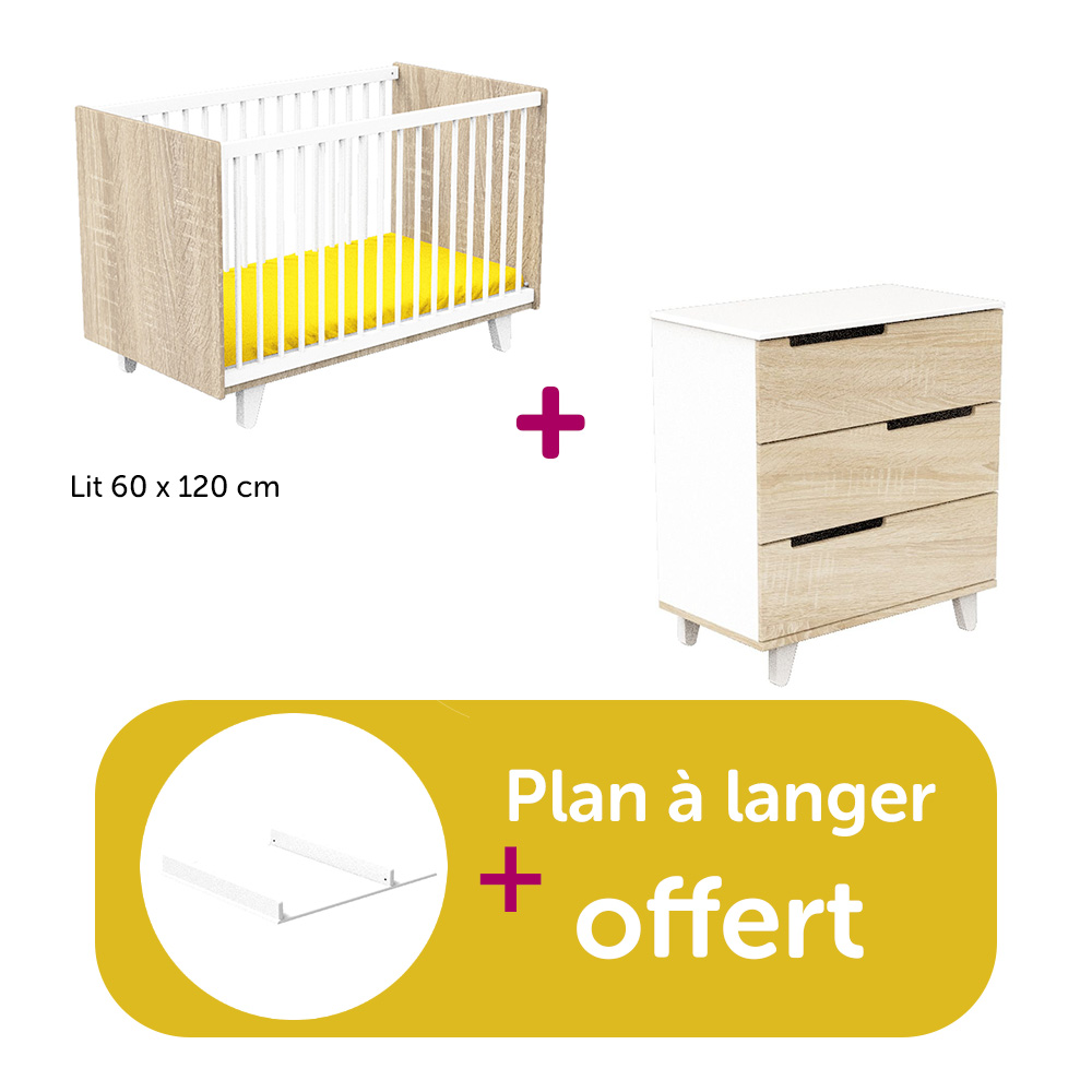 Sauthon - Chambre Duo Baltic Bois  : lit 60x120 Lit 120x60  têtes blanches, commode, plan à langer offert   Sauthon