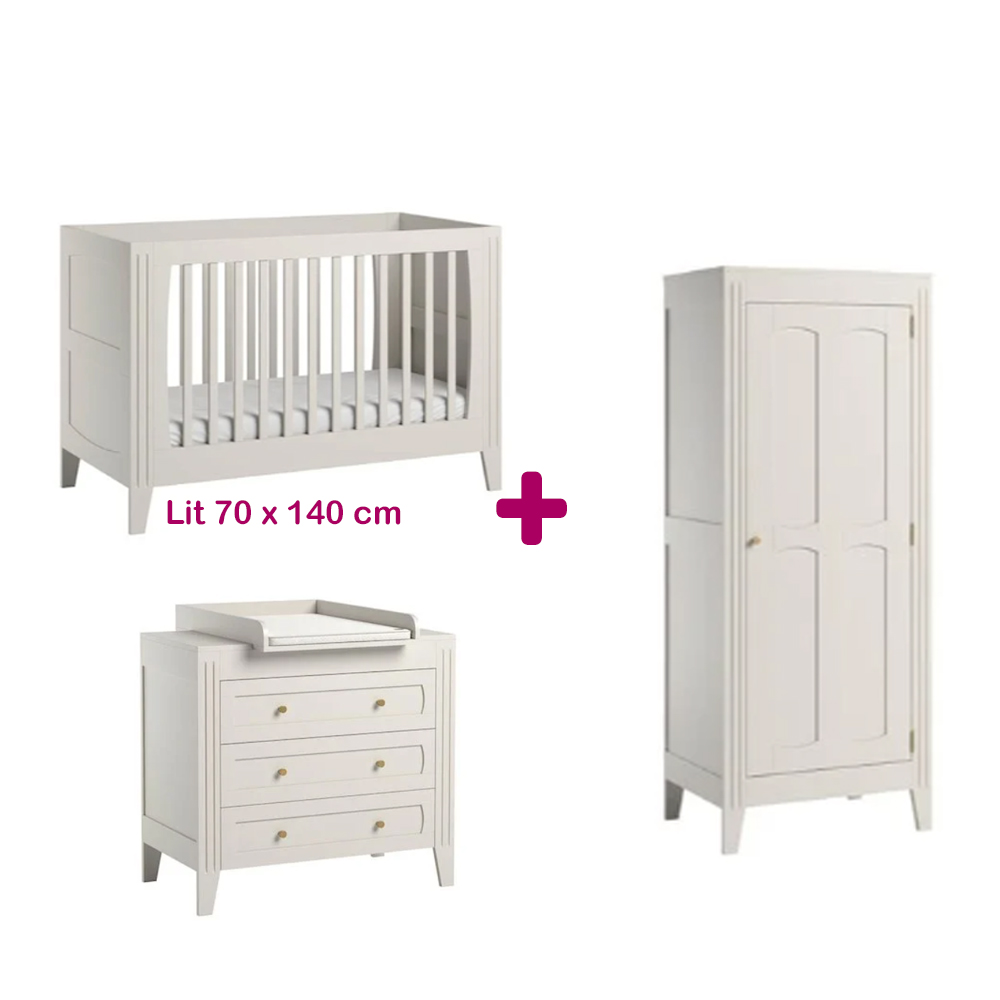 Vox - Chambre bébé complète Milenne : Lit blanc 70x140, commode, armoire, plan à langer   Vox