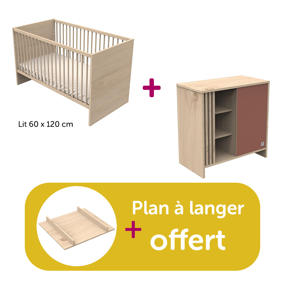 Sauthon - Chambre Duo Tokyo : lit 120x60 commode Térakota  , plan offert  Sauthon