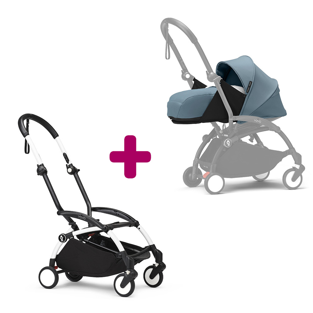 Stokke - Pack chassis poussette YOYO³ Blanc + pack nouveau-né 0+ YOYO³ Aqua  Stokke