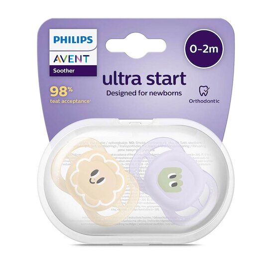 Philips Avent Sucettes Ultra start x2 Pastel print 0-2 mois Philips Avent Sucettes Ultra start x2 Pastel print 0-2 mois