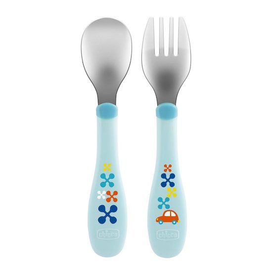 Chicco Set cuillère et fourchette bout inox Mes premiers couverts bleu 18 mois +