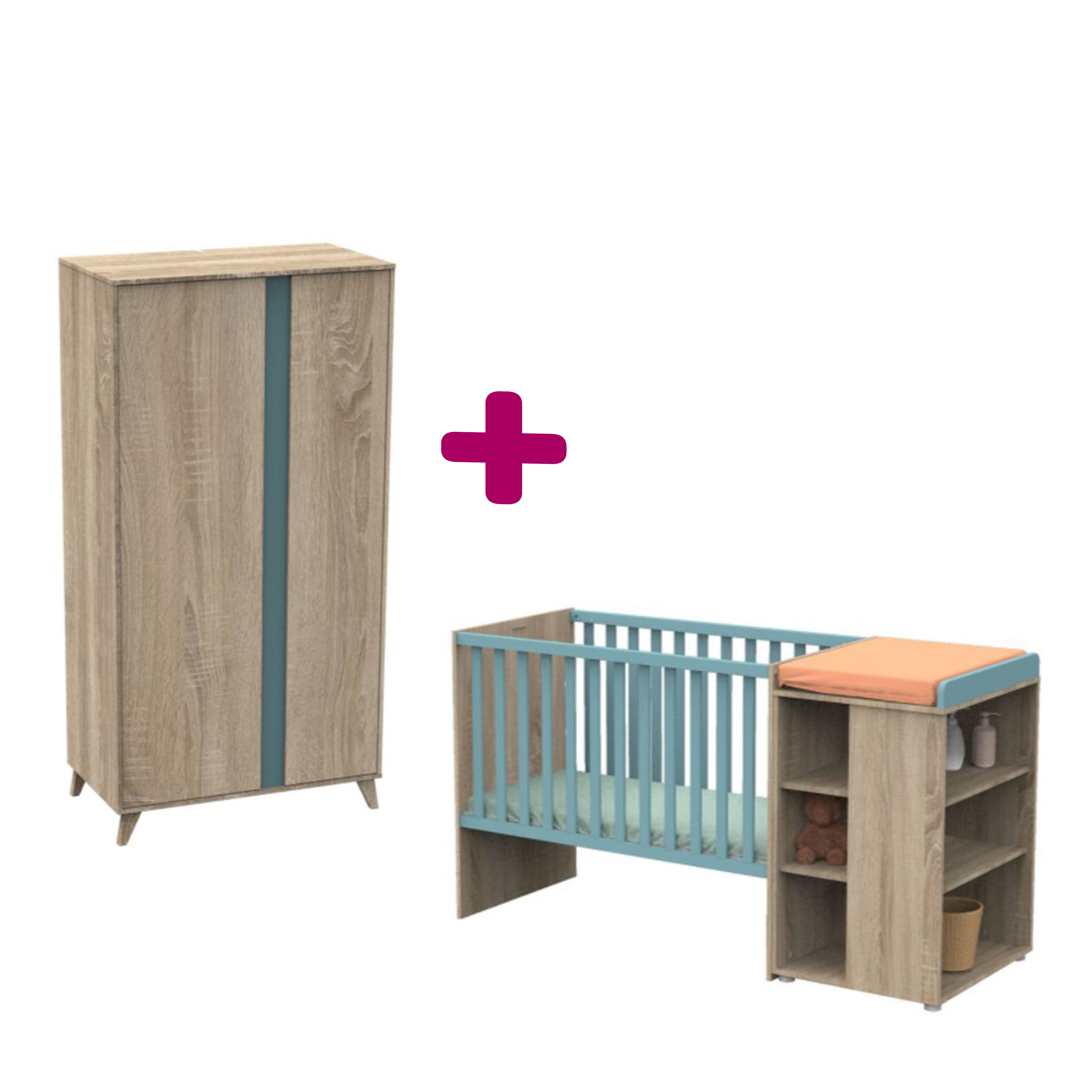 Chambre bébé complète Nova : lit combiné évolutif 60x120, armoire Sauthon