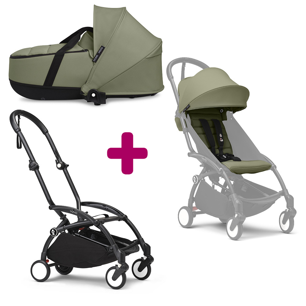 Pack Poussette duo chassis YOYO³ Noir + pack 6+ YOYO³ Olive + nacelle YOYO³ Olive Stokke