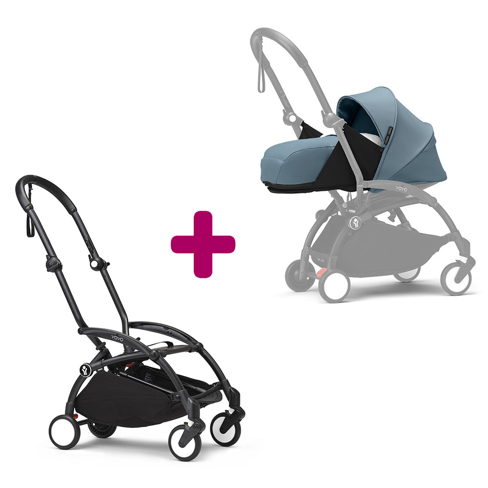 Stokke - Pack chassis poussette YOYO³ Noir + pack nouveau-né 0+ YOYO³ Aqua  Stokke