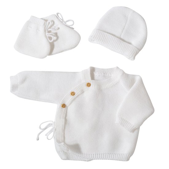 Trois Kilos Sept Trousseau de naissance 0/1 mois : brassière, bonnet, chaussons Blanc 