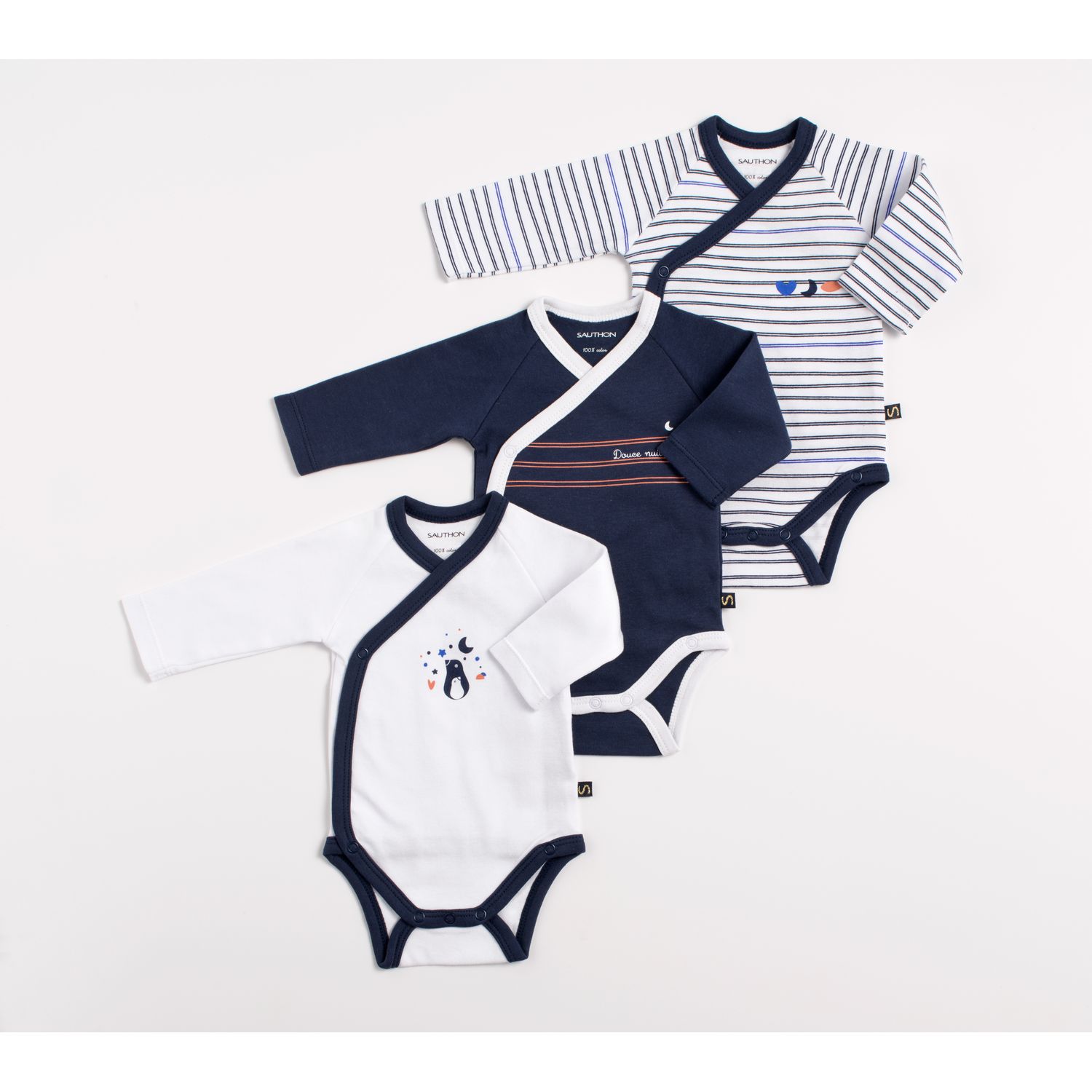 Lot de 3 bodies Baby Sailor BLEU Sauthon