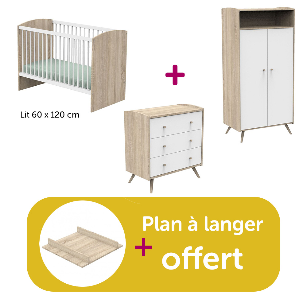 Sauthon - Chambre bébé complète Access blanc : lit 60x120, commode, armoire, plan à langer offert  Sauthon