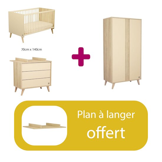 Sauthon Chambre bébé complète : Lit bébé  70x140, Commode 3 tiroirs, Armoire 2 portes , plan offert   