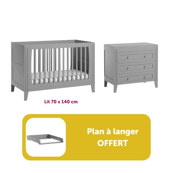 Chambre bébé duo Milenne : lit évolutif 70x140, commode, plan à langer offert 