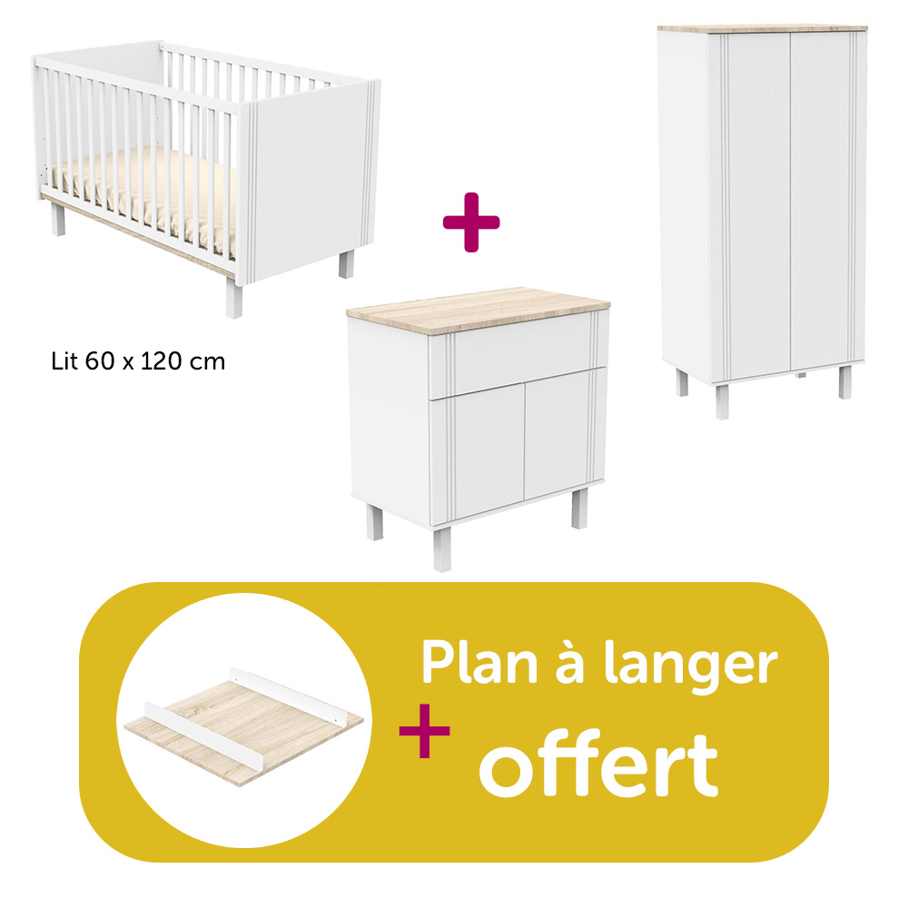 Sauthon - Chambre bébé complète Eléonore blanc : lit 60x120, commode, armoire, plan offert   Sauthon