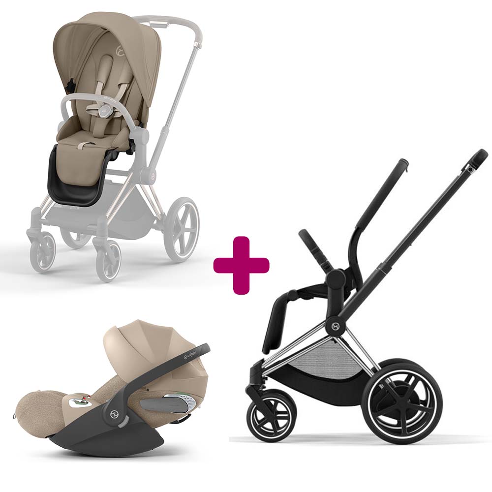 Cybex - Pack Duo Châssis poussette ePriam chrome black 2022 + siège Cozy Beige + coque Cloud T i-size Cozy Beige  Cybex