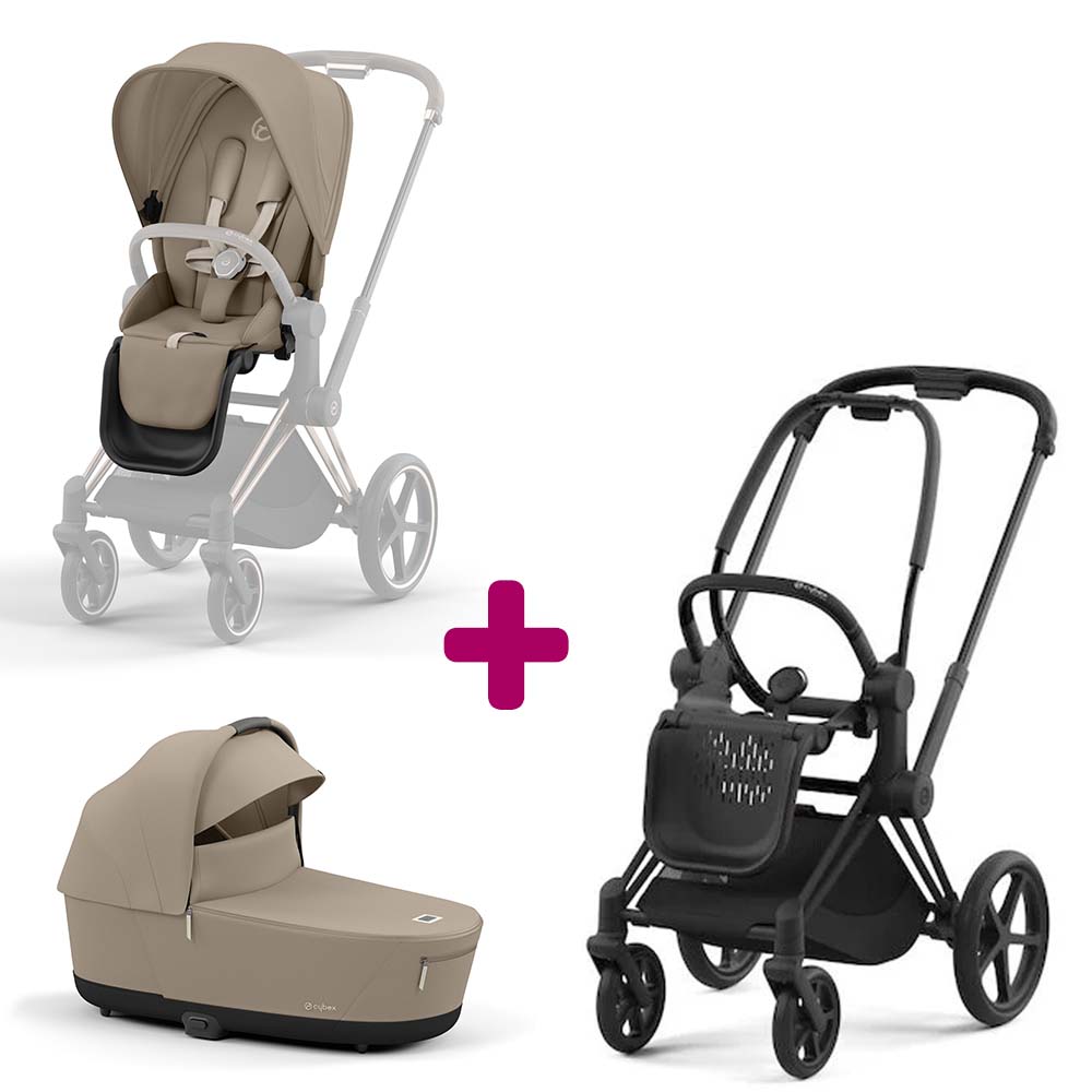 Cybex - Pack Duo Châssis poussette Priam matt black 2022 + Siège Cozy Beige + Nacelle Luxe Priam Cozy Beige  Cybex