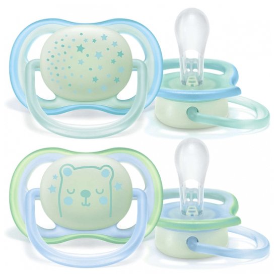 Philips Avent 2 sucettes nuit Ultra air Bleu-Jaune 0-6 mois