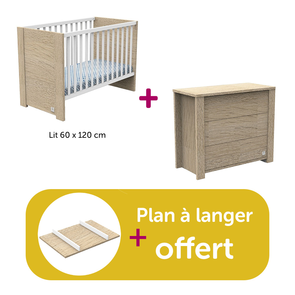 Sauthon - Chambre Duo Antonin : lit 60x120, commode, plan à langer offert  Sauthon