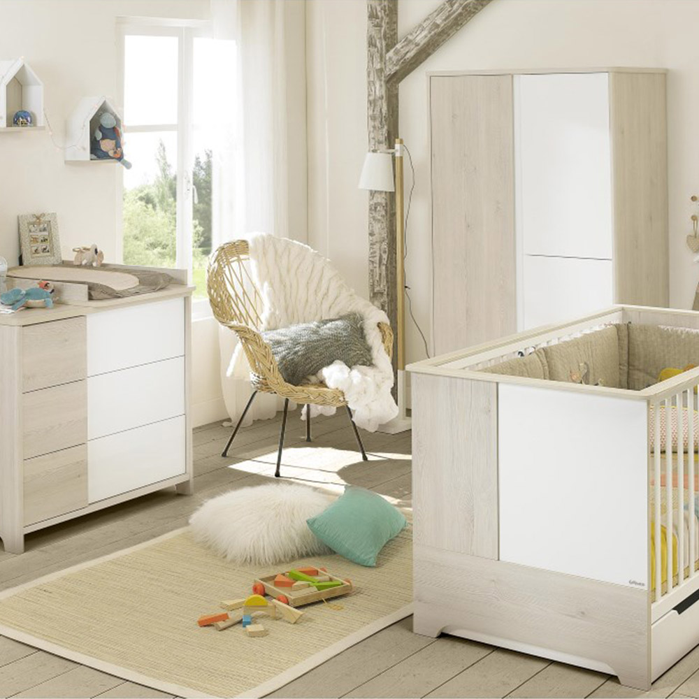 Chambre bébé complète Sacha : lit 70x140, commode, armoire Galipette