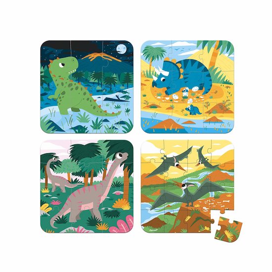 Janod 4 Puzzles Evolutifs- Dinosaures (6-9-12-16 Pcs) Multicolore 
