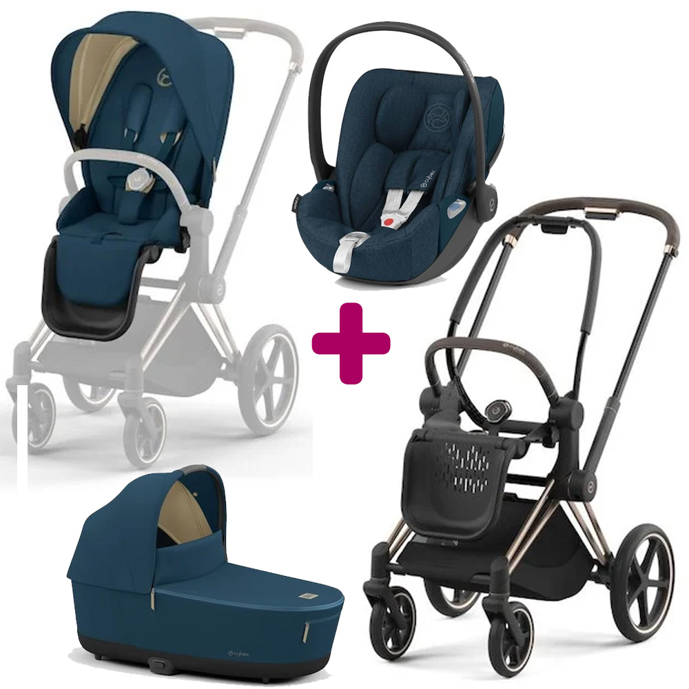 Pack poussette trio Priam 2022 Rosegold + siège + coque Cloud Z + nacelle de luxe Mountain Blue turquoise Cybex