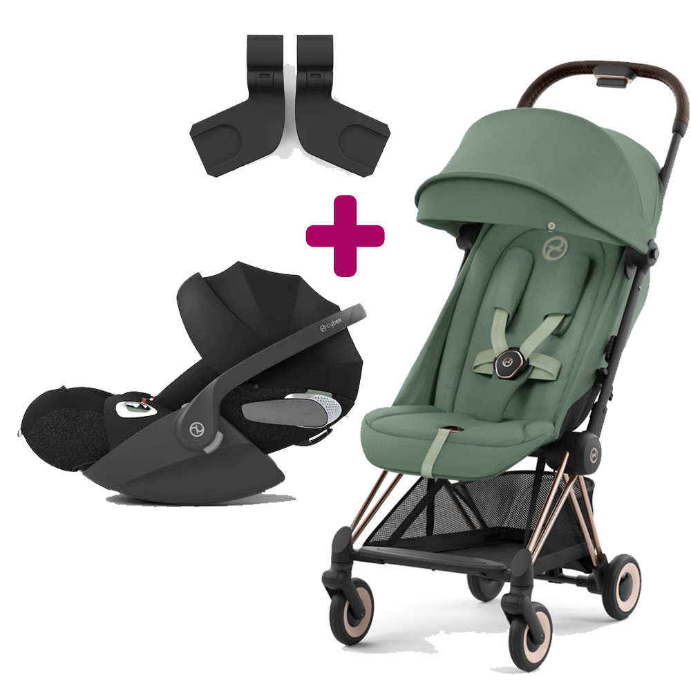 Pack poussette duo Coya Leaf Green + coque Cloud T i-size Sepia Black + adaptateurs coque Cybex