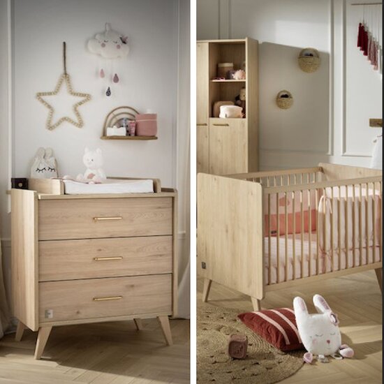 Lit bébé 60x120 et commode à langer Vox Leaf - Blanc et bois