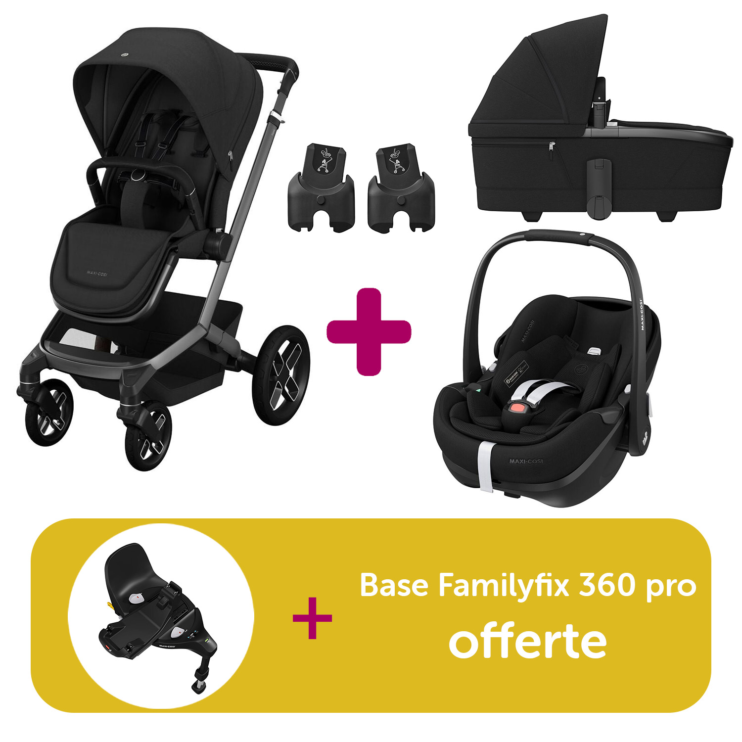 Pack Poussette Trio Fame Twillic Black + Nacelle + adaptateurs coques + coque Pebble 360 pro Twillic Black = base Familyfix 360 pro offerte  Maxi Cosi