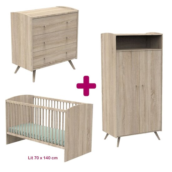 Sauthon Chambre bébé complète Access bois : lit 70x140, commode, armoire   Sauthon Chambre bébé complète Access bois : lit 70x140, commode, armoire