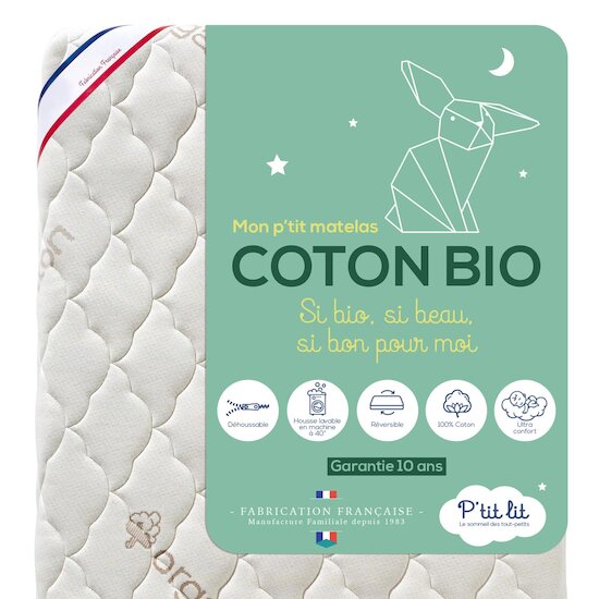 P'tit lit Matelas Mon P'tit Matelas Coton Bio déhoussable - Blanc 60x120 cm