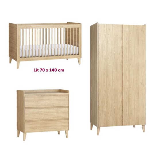 Vox Chambre Bébé Trio Muve :  Lit évolutif 70x140 cm Chêne + Commode + Amoire 2 portes   