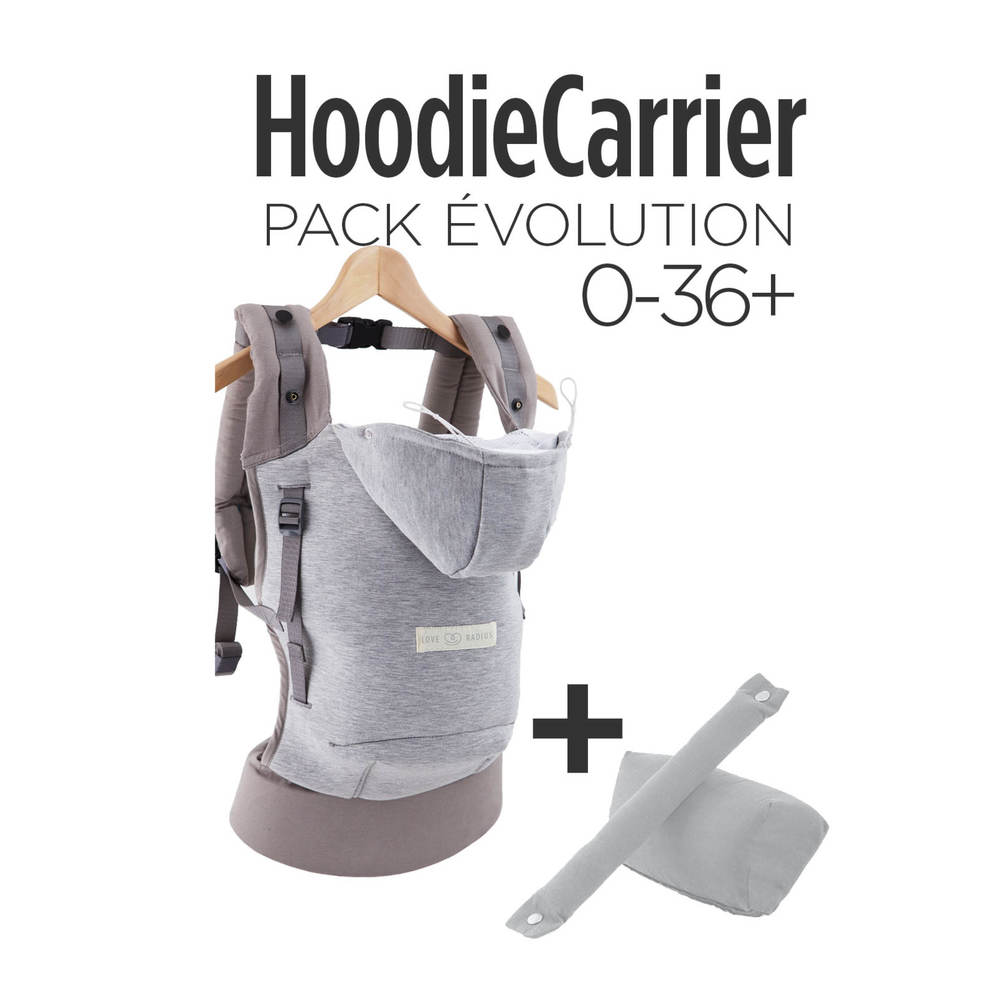 Pack porte-bébé HoodieCarrier + réhausseur + cale-tête GRIS Love Radius by JPMBB