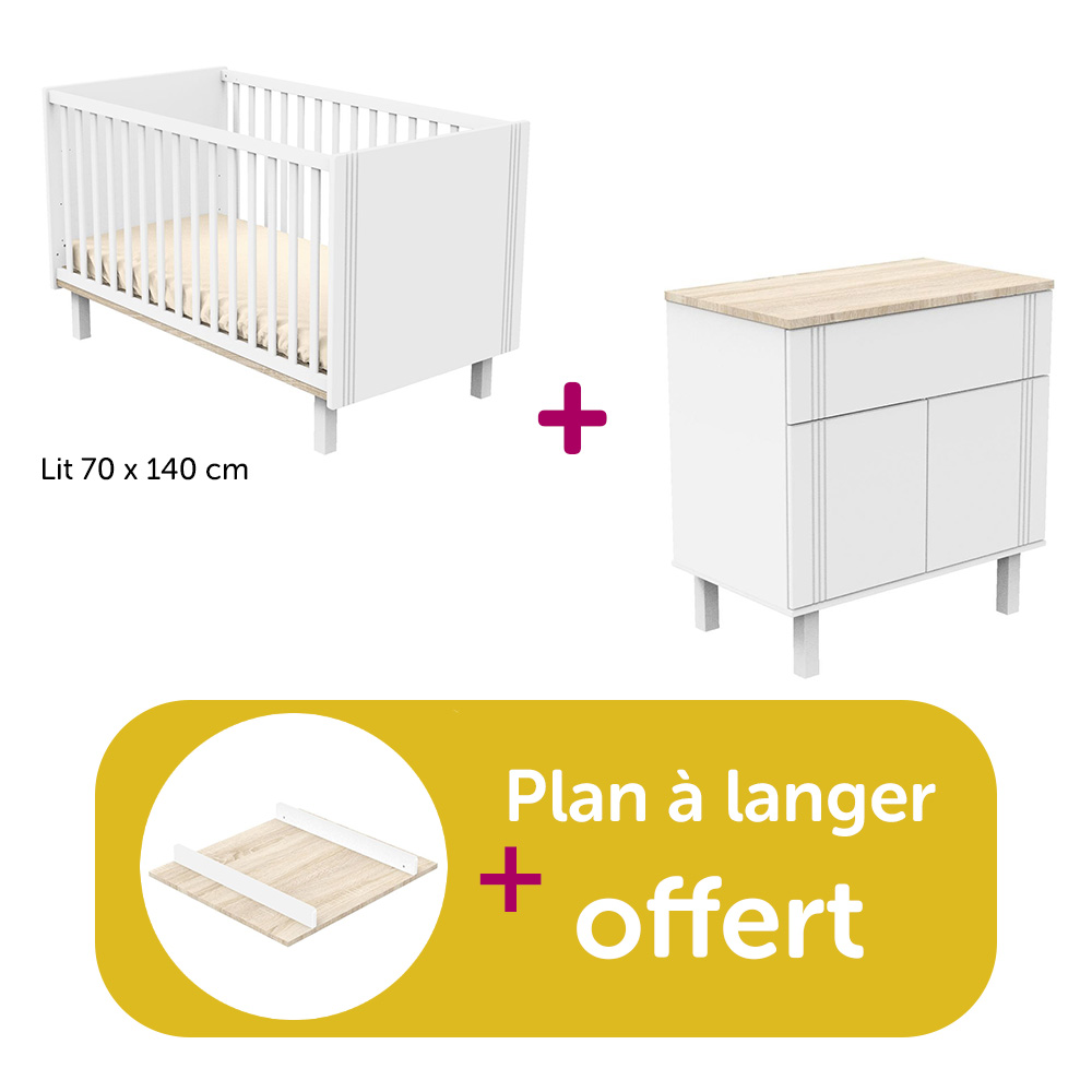 Sauthon - Chambre Duo Eléonore blanc : lit 70x140, commode, plan offert   Sauthon