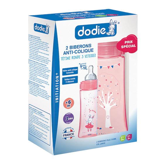 Dodie 2 biberons anti-colique Initiation+ Rose Danseuse 330 ml