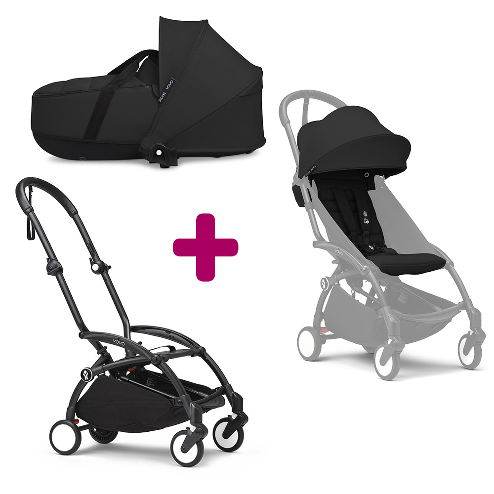 Pack Poussette duo chassis YOYO³ Noir + pack 6+ YOYO³ Noir + nacelle YOYO³ Noir Stokke