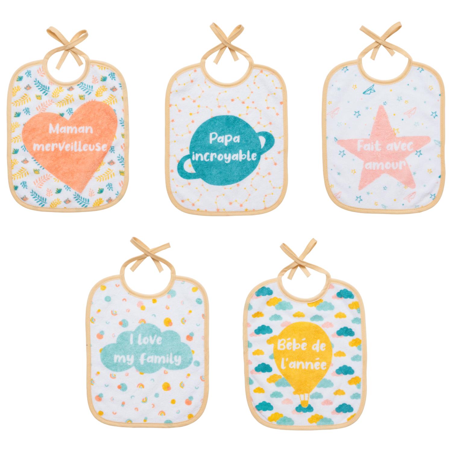5 bavoirs à messages famille MULTICOLORE BabyCalin