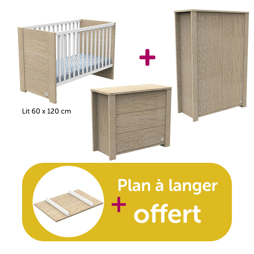 Sauthon - Chambre bébé complète Antonin : lit 60x120, commode, armoire, plan à langer offert  Sauthon