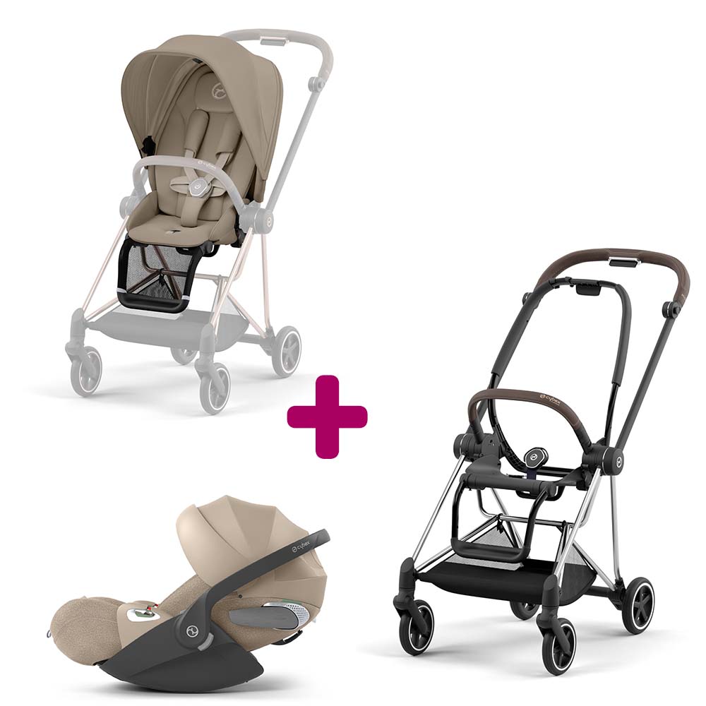 Cybex - Pack Poussette Duo Châssis poussette Mios chrome brown 2022 + siège Mios Cozy Beige + coque Cloud T i-size Cozy Beige  Cybex