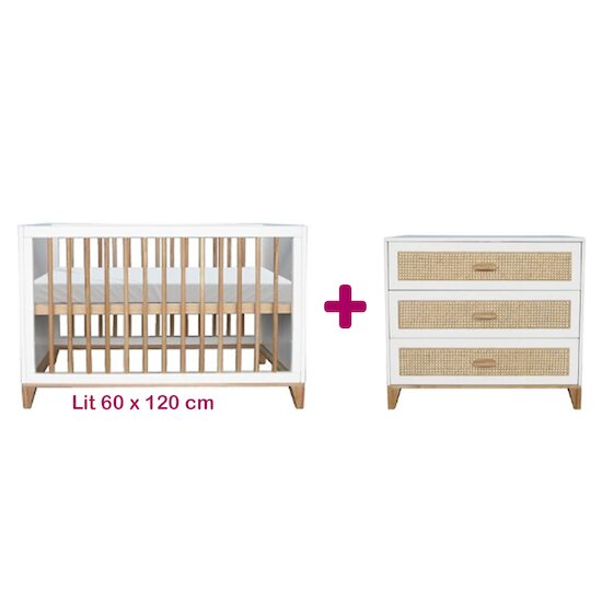 Théo Chambre bébé duo Nami Blanc : lit 60x120, commode   Théo Chambre bébé duo Nami Blanc : lit 60x120, commode