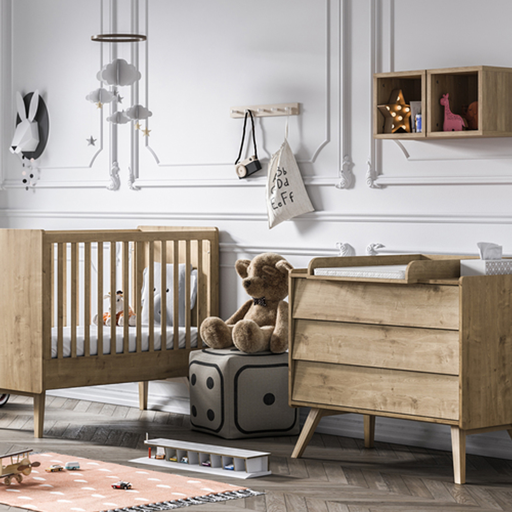 Vox - Chambre Duo Vintage : Lit bébé Vintage Bois 60x120, commode en bois, plan à langer   Vox