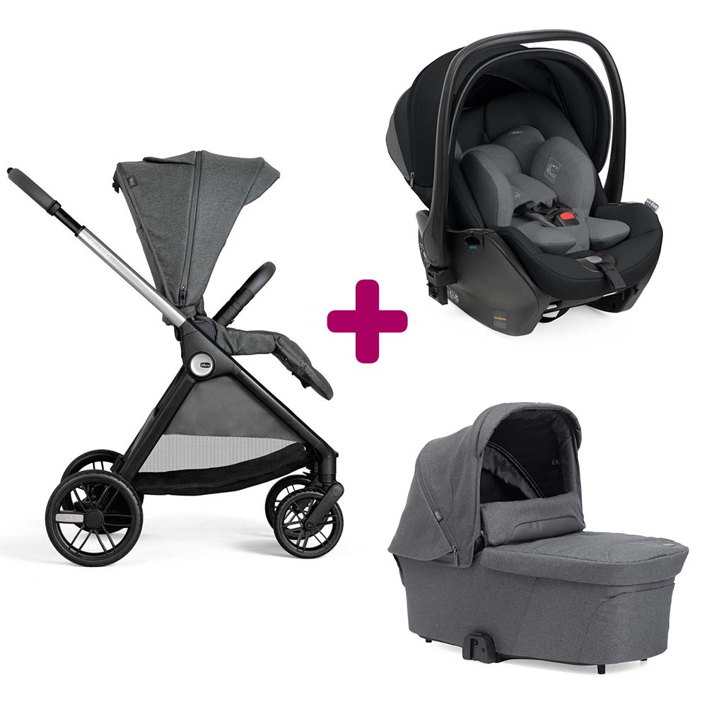 Chicco - Pack poussette trio  Bellagio black satin + nacelle flexi black satin + coque First Seat Recline I-size black satin  Chicco