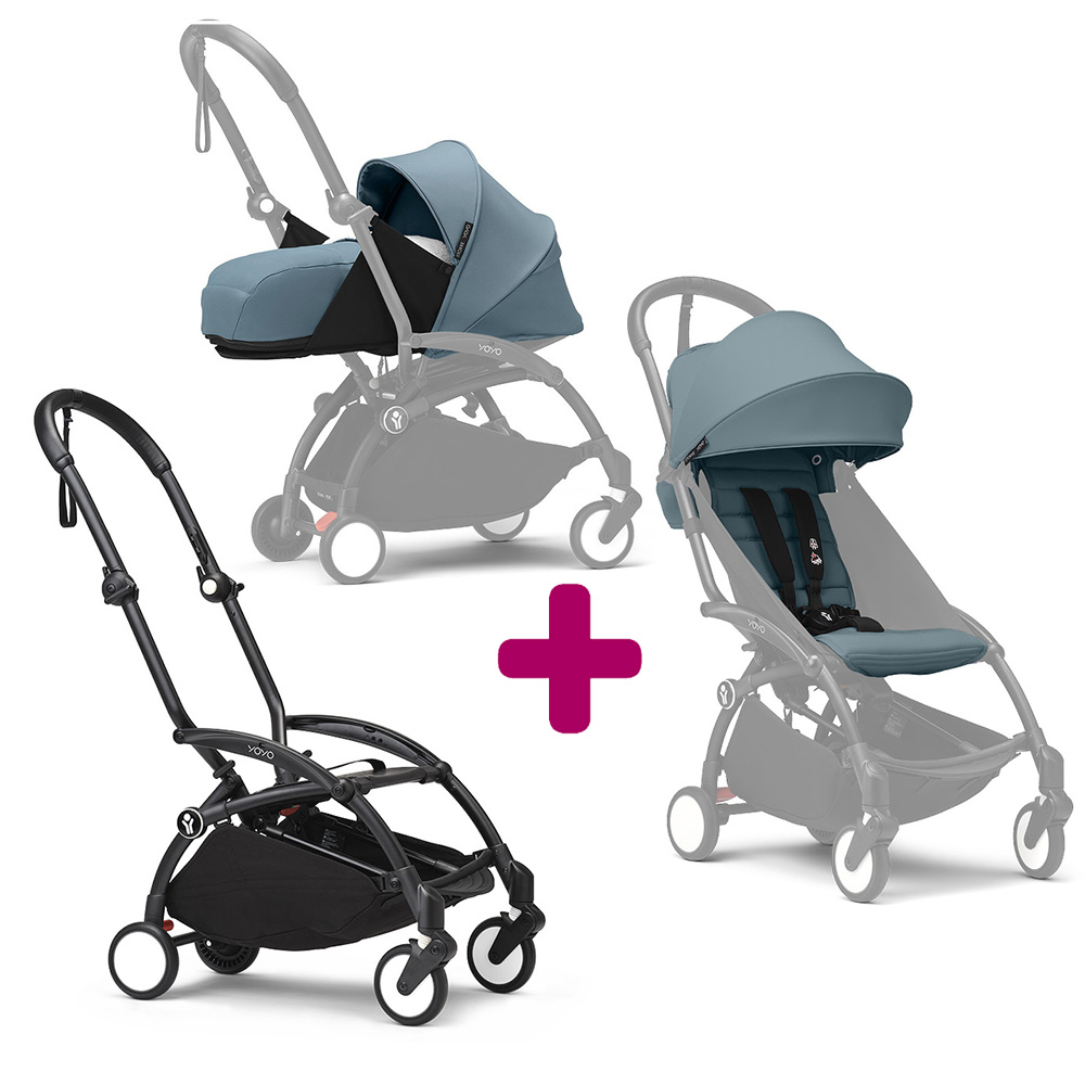 Stokke - Pack Poussette duo chassis YOYO³ Noir + pack 6+ YOYO³ Aqua + pack nouveau-né YOYO³ Aqua  Stokke