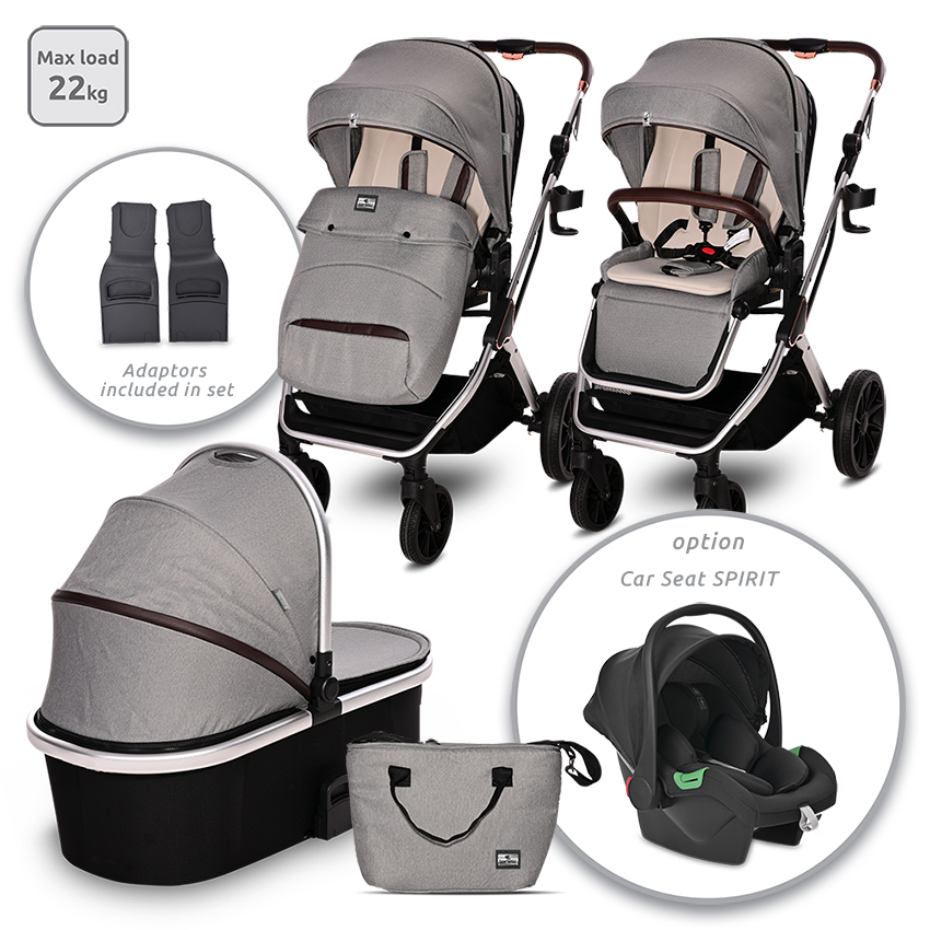 Poussette Glory avec nacelle + adaptateurs coque Spirit GRIS Lorelli