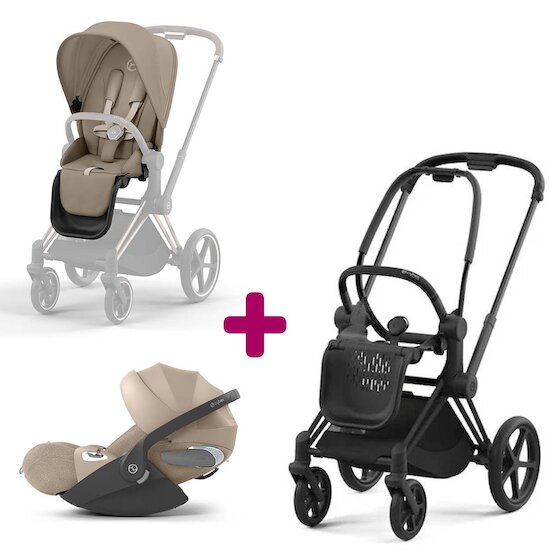 Cybex Pack Poussette Chassis Priam matt black + Siege Priam Cozy Beige + Coque Auto Cloud T-i-size Tissu plus Cozy Beige  