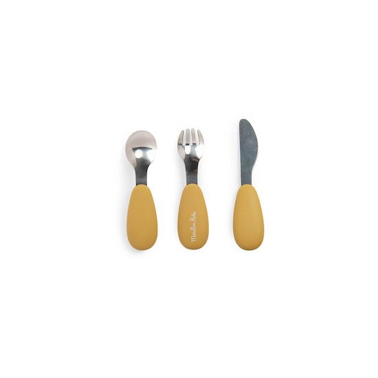 Moulin Roty Set couverts silicone Trois petits lapins Ocre  Moulin Roty Set couverts silicone Trois petits lapins Ocre