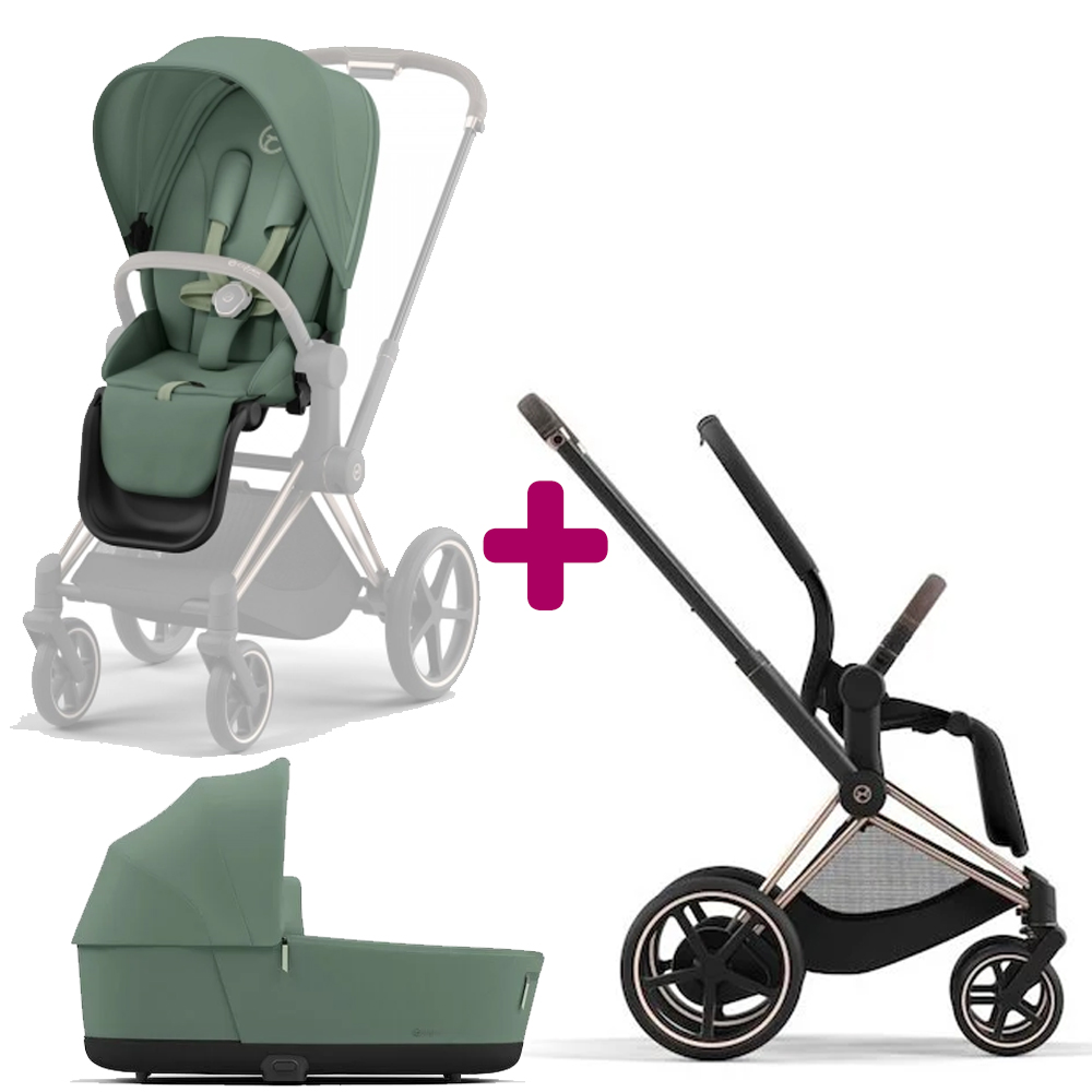 Pack poussette duo Epriam Chassis rosegold + siège Leaf Green + nacelle Leaf Green Cybex