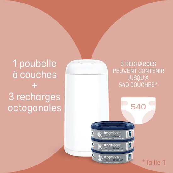 Angelcare Starter Pack Poubelle à couches Dress Up+ 3 recharges octogonales Blanc  Angelcare Starter Pack Poubelle à couches Dress Up+ 3 recharges octogonales Blanc