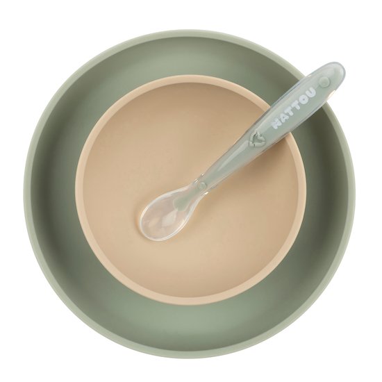 Nattou Coffret de repas silicone 3 pièces Sable/Vert  Nattou Coffret de repas silicone 3 pièces Sable/Vert