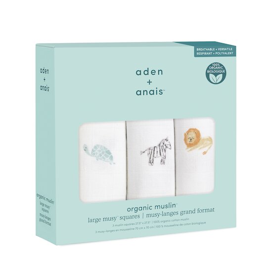 Aden et Anais 3 musy-langes en mousseline de coton biologique animal kingdom 70x70 cm