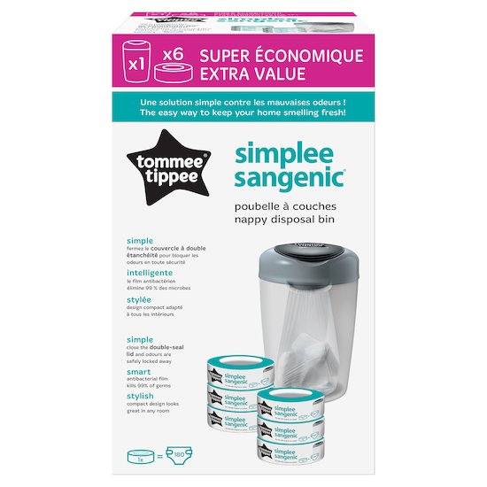 Tommee Tippee Starter Pack SIMPLEE bac Gris + 6 recharges Blanc 