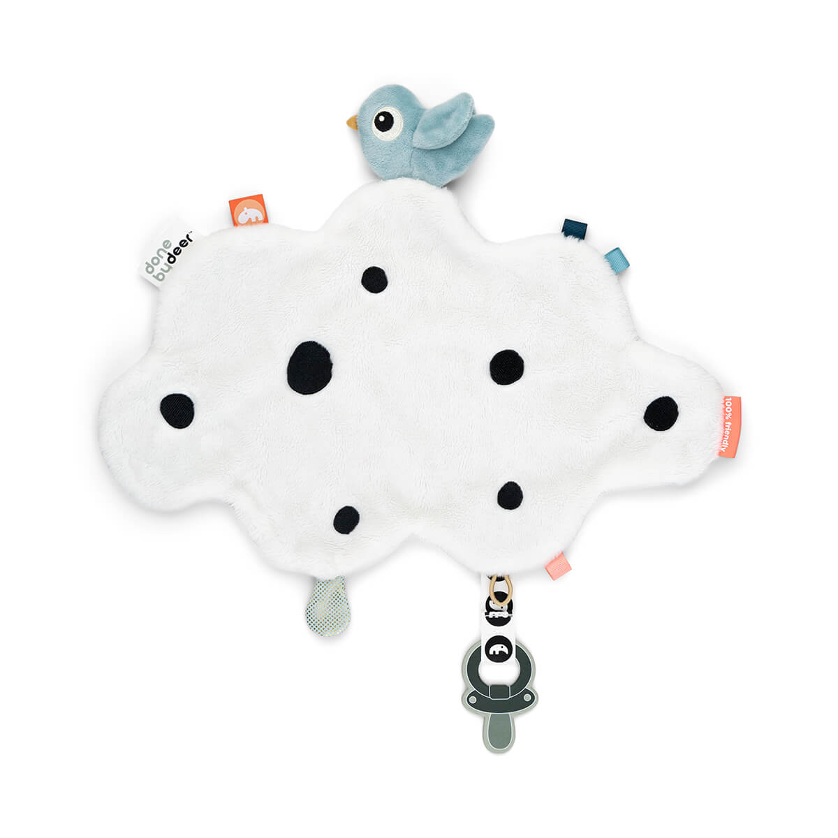 Doudou plat attache-sucette Happy clouds BLEU Done by Deer