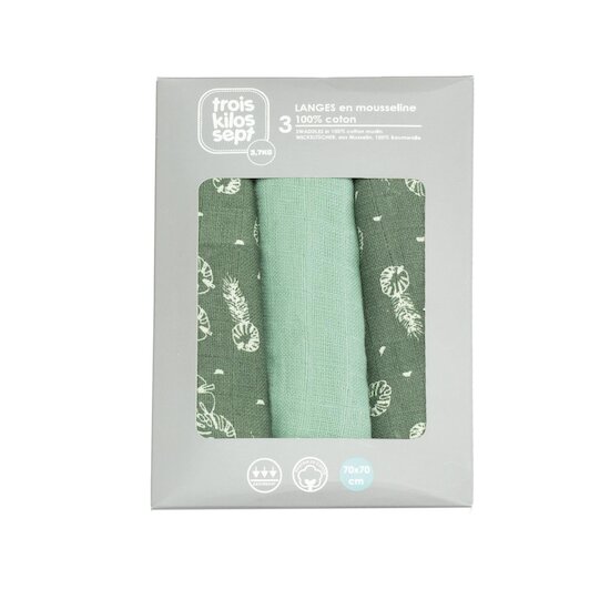 Trois Kilos Sept Lot de 3 langes Feuille vert 70X70 cm