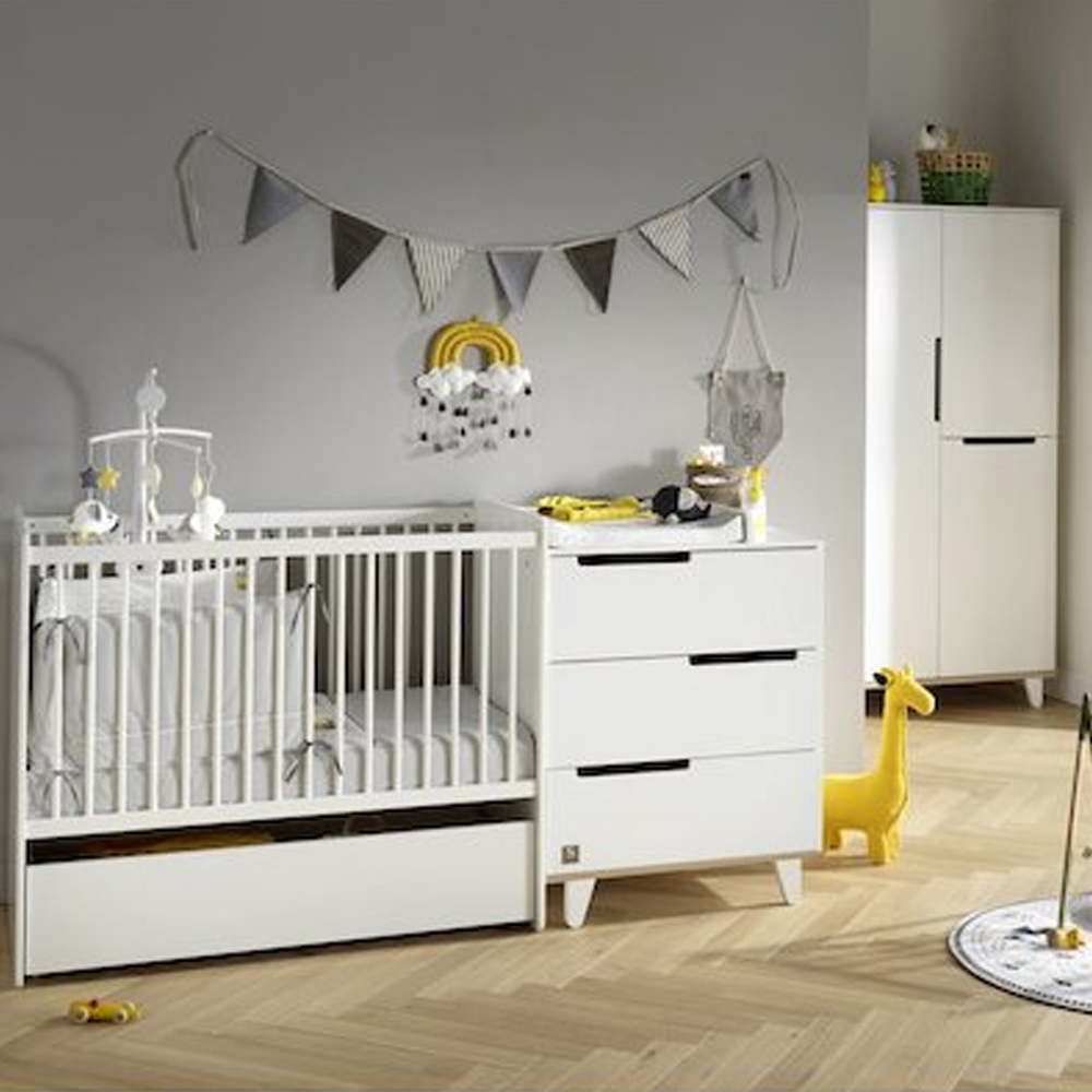 Chambre bébé complète Baltic Blanc : lit combiné évolutif 60x120, armoire Sauthon